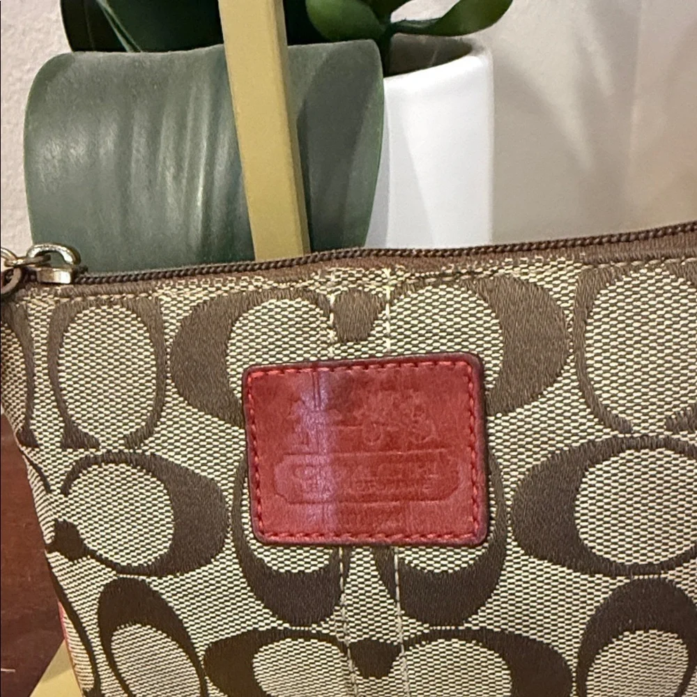 Coach Brown Red Wristlet orange bleeker signature style clutch coin purse